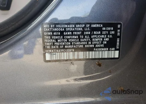 2015 Volkswagen Passat S z USA, uszkodzony, nr VIN 1VWAT7A37FC122579